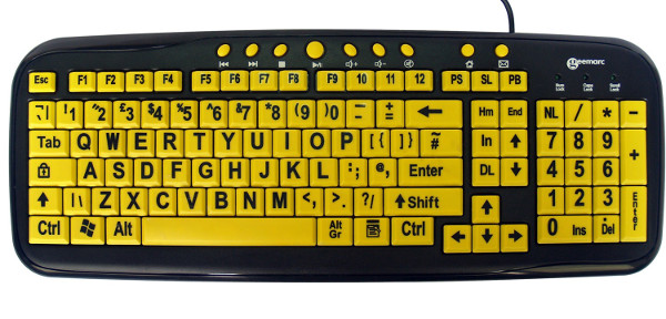 Black-on-yellow keys and big letters and numbers make this keyboard easier to see and use. 