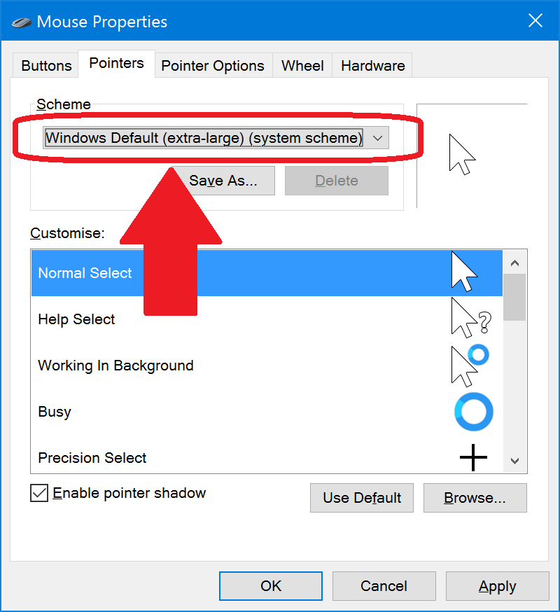 Combobox "Scheme" lets you select a different mouse cursor size. Choose "Extra-large"