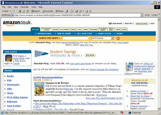 Screenshot of Internet Explorer at Amazon.co.uk's website - lots of links, images, buttons, et cetera.