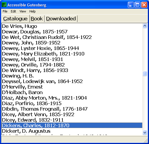 Screenshot: a completely-accessible list provides the catalogue entries, in this case of authors beginning with D.