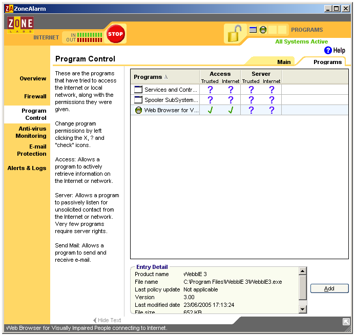 Program Control window for ZoneAlarm.