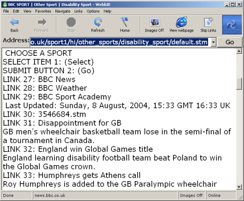 Screenshot of WebbIE showing standard browser layout with text-only representation of web page.